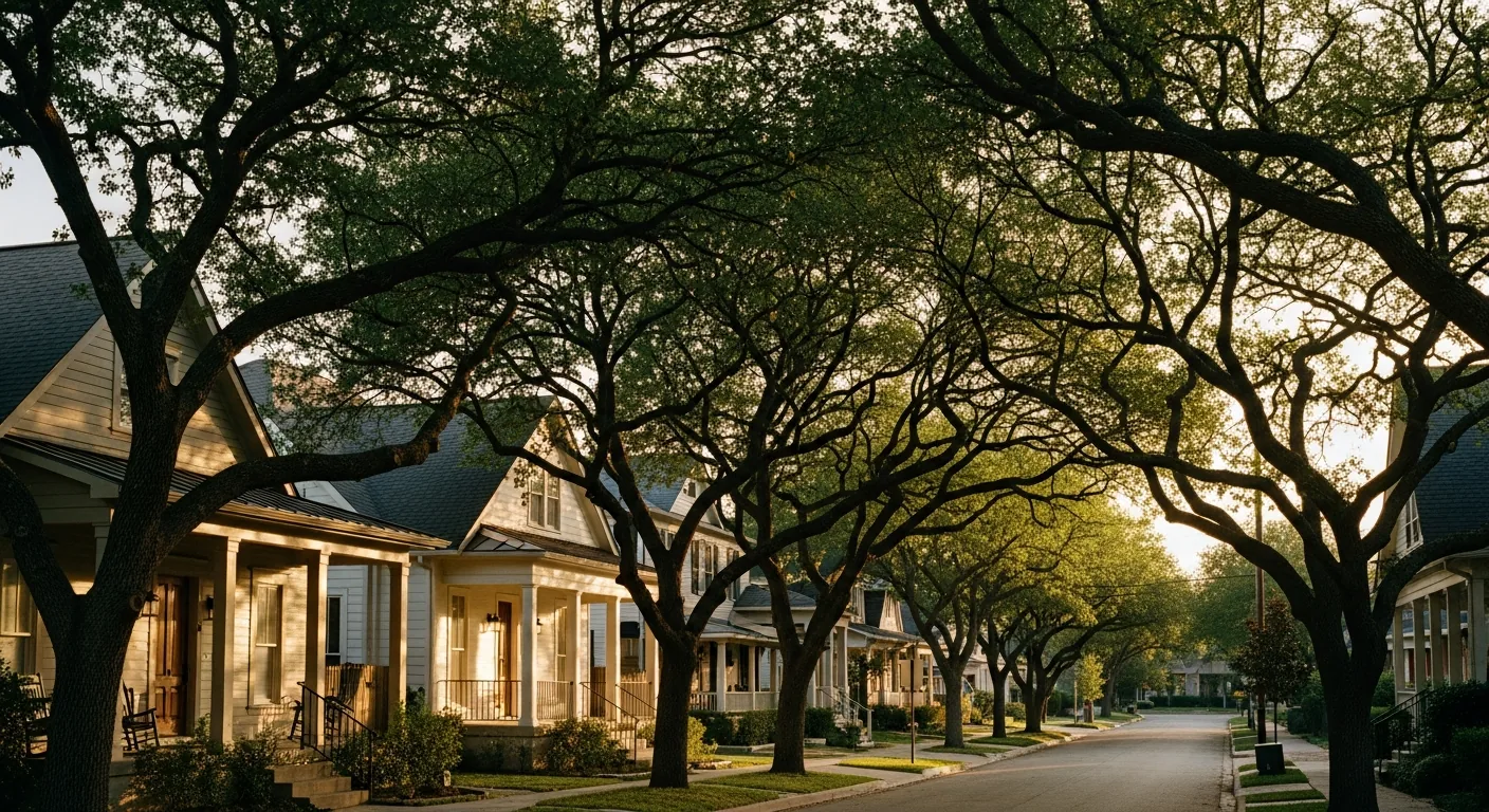 A Central Texas residential street at golden hour