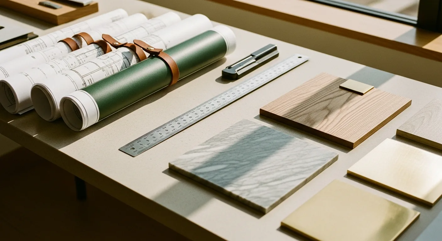 Blueprints and material samples for a Central Texas remodel